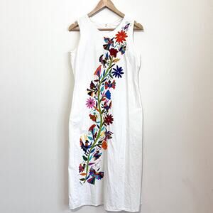 Vintage Boho Embroidered Midi Dress Size S Cream Floral Artsy 70s Garden Whimsy
